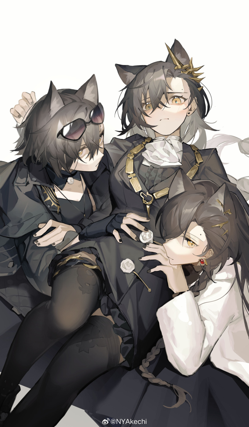 3girls absurdres akechi_(826988799) ambience_synesthesia animal_ears arknights ascot black_coat black_gloves black_jacket black_nails black_shirt black_skirt black_thighhighs brown_eyes clone closed_mouth coat commentary_request earrings eyewear_on_head feet_out_of_frame fingerless_gloves gloves grey_hair hair_between_eyes hand_on_another's_waist highres jacket jewelry long_hair long_sleeves looking_at_viewer mole_above_eye multiple_girls official_alternate_costume penance_(arknights) penance_(occasionally_flushed)_(arknights) shirt simple_background single_fingerless_glove skirt sunglasses thigh-highs white_ascot white_background white_jacket wolf_ears wolf_girl