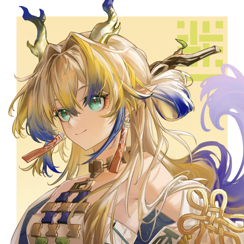 1girl absurdres arknights bare_shoulders blue_hair border breasts chinese_commentary choker closed_mouth colored_tips commentary_request dragon_girl dragon_horns earrings floating_hair green_eyes green_hair grey_hair hair_between_eyes highres horns jacket jewelry juechen_syl long_hair medium_breasts multicolored_hair off_shoulder outside_border pointy_ears portrait shirt shu_(arknights) solo strapless strapless_shirt tassel tassel_earrings white_border white_jacket