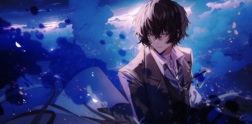 1boy absurdres bandages baocaizi brown_coat brown_hair bungou_stray_dogs closed_mouth clouds coat collared_shirt dazai_osamu_(bungou_stray_dogs) hair_between_eyes highres outdoors shirt short_hair solo suit upper_body
