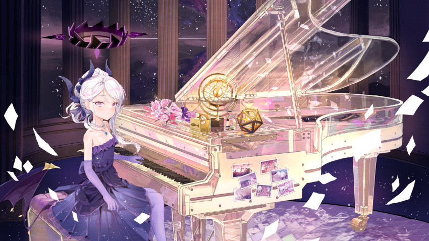 1girl black_horns blue_archive dangle_earrings demon_horns demon_wings dress earrings elbow_gloves forest_0 gloves grand_piano halo highres hina_(blue_archive) hina_(dress)_(blue_archive) horns instrument jewelry long_hair multiple_horns official_alternate_costume official_alternate_hairstyle piano purple_dress purple_gloves purple_wings solo strapless strapless_dress violet_eyes white_hair wings