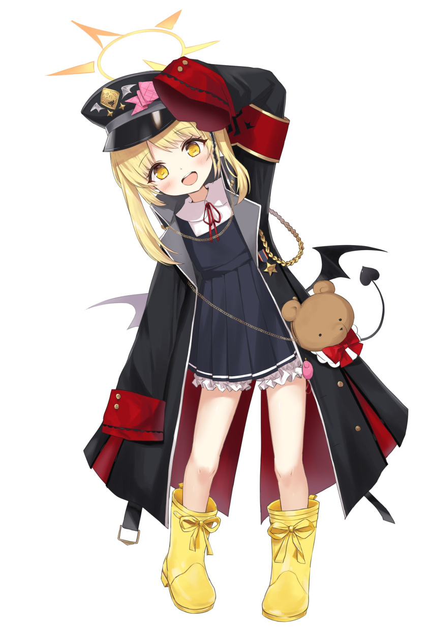 1girl absurdres black_coat black_dress black_headwear black_tail black_wings blonde_hair bloomers blue_archive blush boots coat collared_shirt demon_tail demon_wings dress full_body halo hat highres ibuki_(blue_archive) long_hair looking_at_viewer minazuki_(uraha246) open_clothes open_coat open_mouth peaked_cap pinafore_dress red_ribbon ribbon shirt side_ponytail simple_background sleeveless sleeveless_dress sleeves_past_fingers sleeves_past_wrists smile solo tail white_background white_bloomers white_shirt wings yellow_eyes yellow_footwear yellow_halo