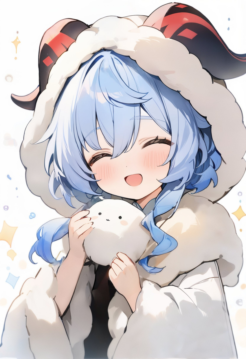 1girl absurdres ai-generated blue_hair closed_eyes ganyu_(genshin_impact) genshin_impact goat_horns hair_between_eyes haruhina1111 highres horns light_blush long_sleeves looking_at_viewer simple_background smile white_background