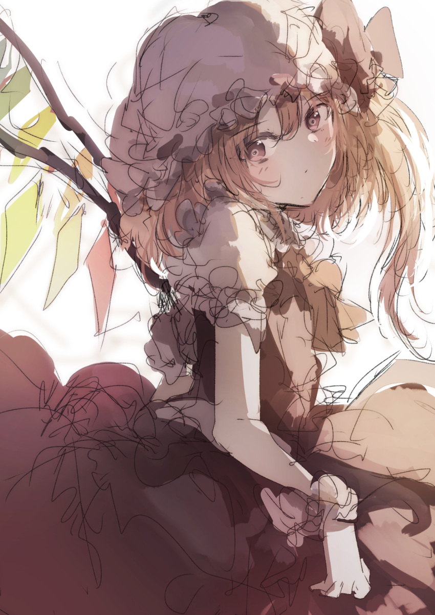 ascot blonde_hair cowboy_shot crystal_wings dress embodiment_of_scarlet_devil flandre_scarlet frills hat highres looking_at_viewer medium_hair mob_cap natsume_suzuri puffy_short_sleeves puffy_sleeves red_dress red_eyes short_sleeves side_ponytail simple_background sketch touhou white_background wings yellow_ascot