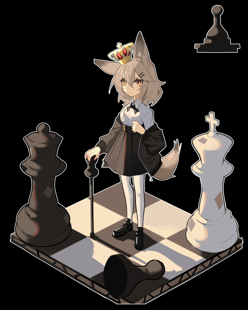 1girl absurdres animal_ears bishop_(chess) black_background black_ribbon cane chess_piece chessboard crown ghost_(tama) grey_hair hair_ornament hairclip highres king_(chess) mini_crown neck_ribbon orange_eyes original pawn_(chess) queen_(chess) ribbon shirt shoes short_hair simple_background skirt solo thigh-highs white_shirt white_thighhighs wolf_ears wolf_girl