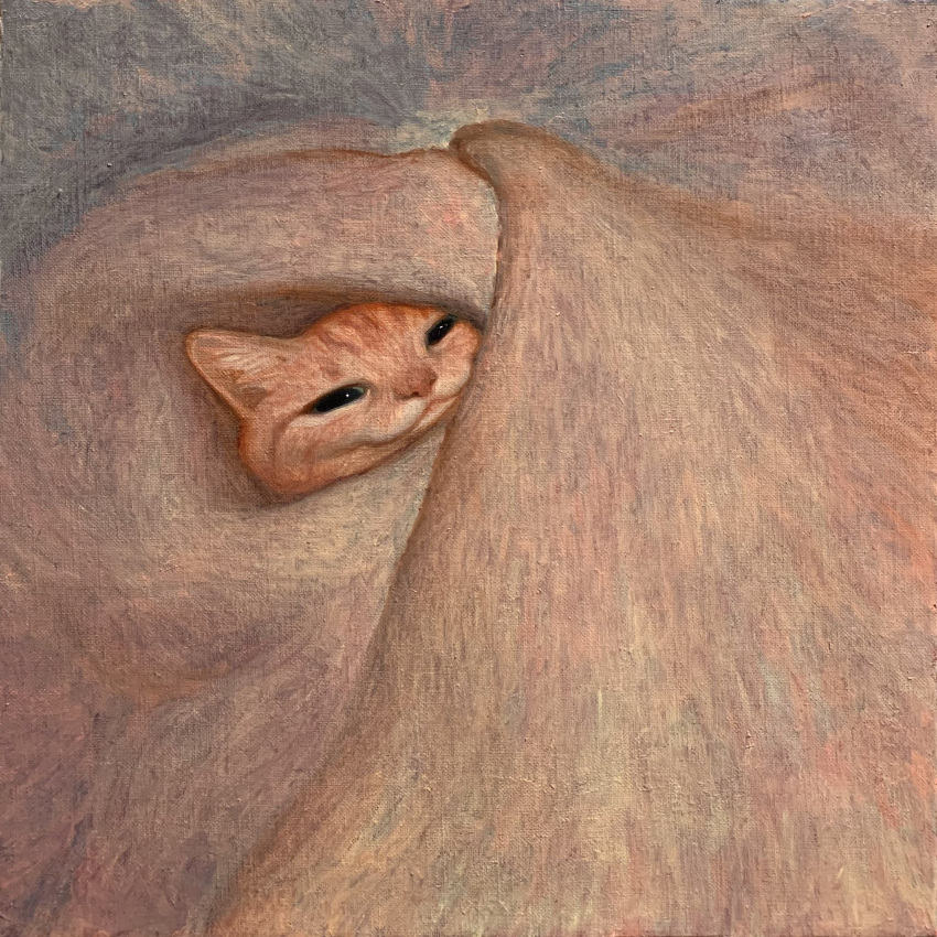 :3 acrylic_paint_(medium) animal_focus blanket cat closed_mouth commentary highres karin_hosono looking_at_viewer no_humans orange_cat orange_fur original painting_(medium) simple_background solo traditional_media under_covers