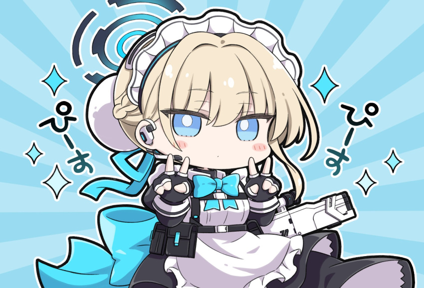 1girl apron black_dress black_gloves blonde_hair blue_archive blue_background blue_eyes blue_ribbon blush_stickers bright_pupils chibi commentary double_v dress earpiece fingerless_gloves frilled_apron frills gloves hair_between_eyes hair_ribbon hands_up highres looking_at_viewer maid_headdress nejikirio no_nose ribbon solo sparkle toki_(blue_archive) v white_apron white_pupils