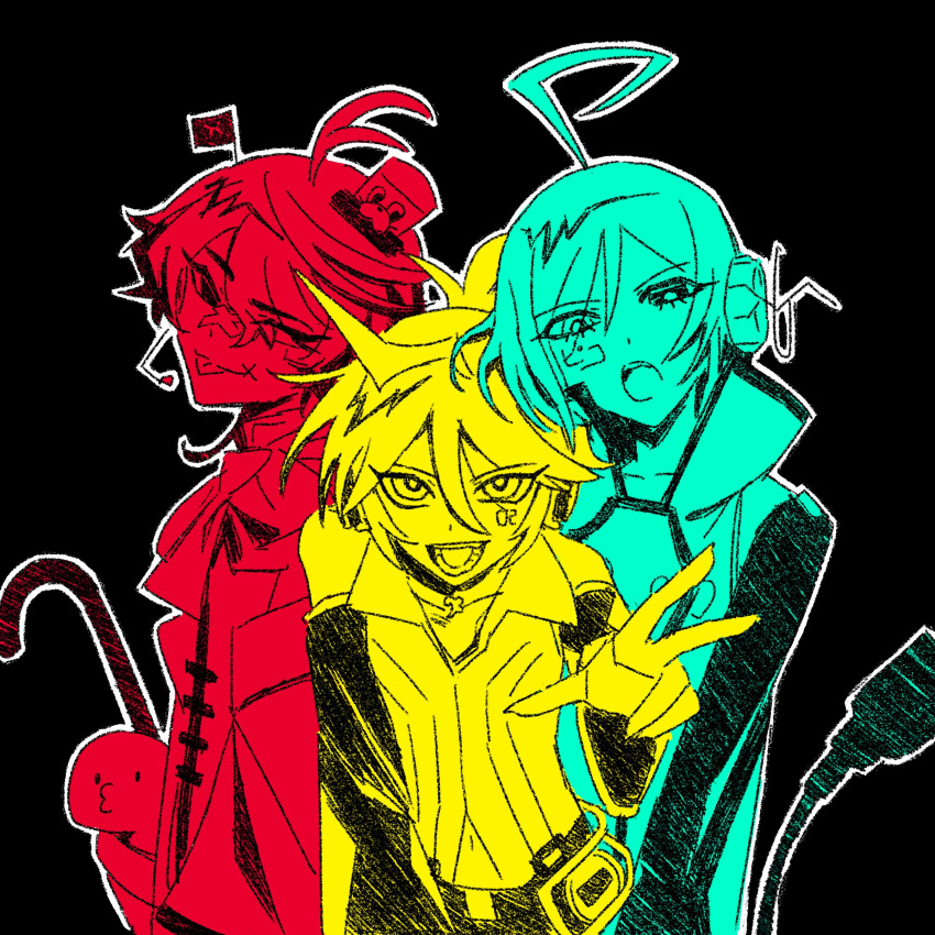 3boys :p absurdres ahoge ascot bandaid bandaid_on_face bandaid_on_nose bishounen black_background black_sleeves cane collarbone crossed_bandaids detached_sleeves facial_tattoo flag_hair_ornament fukase hat headphones heterochromia highres holding holding_cane huge_ahoge kagamine_len limited_palette long_sleeves male_focus mini_hat mini_top_hat multiple_boys multiple_monochrome number_tattoo one_eye_closed open_mouth outline plug shirt short_hair sidelocks simple_background tattoo teeth tongue tongue_out top_hat utatane_piko vocaloid white_outline yuzuyooja