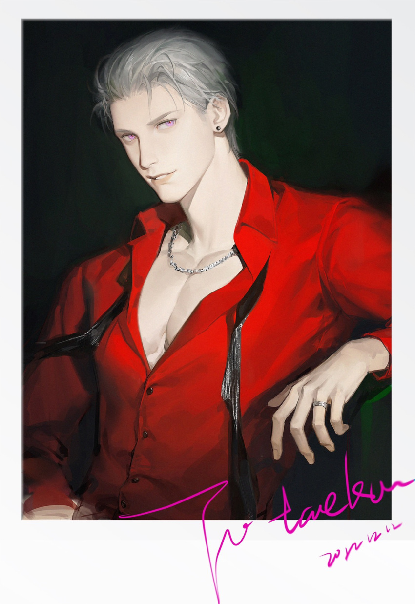 1boy abs arm_rest buttons charlie_su chinese_commentary commissioner_name earrings grey_hair highres jewelry light_and_night_love lirisy long_sleeves looking_at_viewer male_focus muscular muscular_male necklace pale_skin parted_lips polaroid realistic red_shirt ring shirt signature sitting solo upper_body violet_eyes