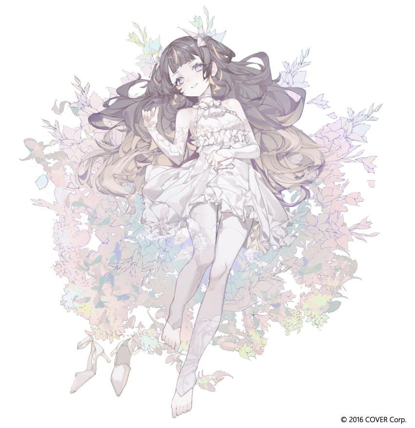 1girl absurdres anya_melfissa barefoot brown_hair dress flower_bed frilled_dress frills highres hololive hololive_indonesia long_hair looking_at_viewer lying on_back shoes simple_background smile solo suimin_(sui_0y0) unworn_shoes violet_eyes virtual_youtuber white_background