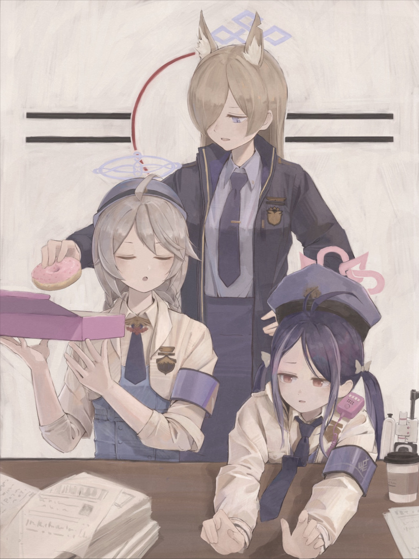 3girls ahoge animal_ear_fluff animal_ears antenna_hair armband badge blonde_hair blue_archive blue_armband blue_dress blue_eyes blue_hair blue_shirt bow box braid closed_eyes coffee_cup collared_shirt cropped_jacket cup disposable_cup dog_ears doughnut dress food fubuki_(blue_archive) gun hair_bow hair_over_one_eye halo hand_on_own_hip hands_up hat highres holding holding_box icing jacket kanna_(blue_archive) kinakojojo kirino_(blue_archive) long_hair long_sleeves low_twin_braids multiple_girls necktie open_clothes open_jacket outstretched_arms paper_stack parted_bangs pastry_box peaked_cap police police_uniform red_eyes rifle sharp_teeth shirt shirt_tucked_in shoulder_boards swept_bangs table teeth tie_clip twin_braids twintails uniform walkie-talkie weapon white_hair