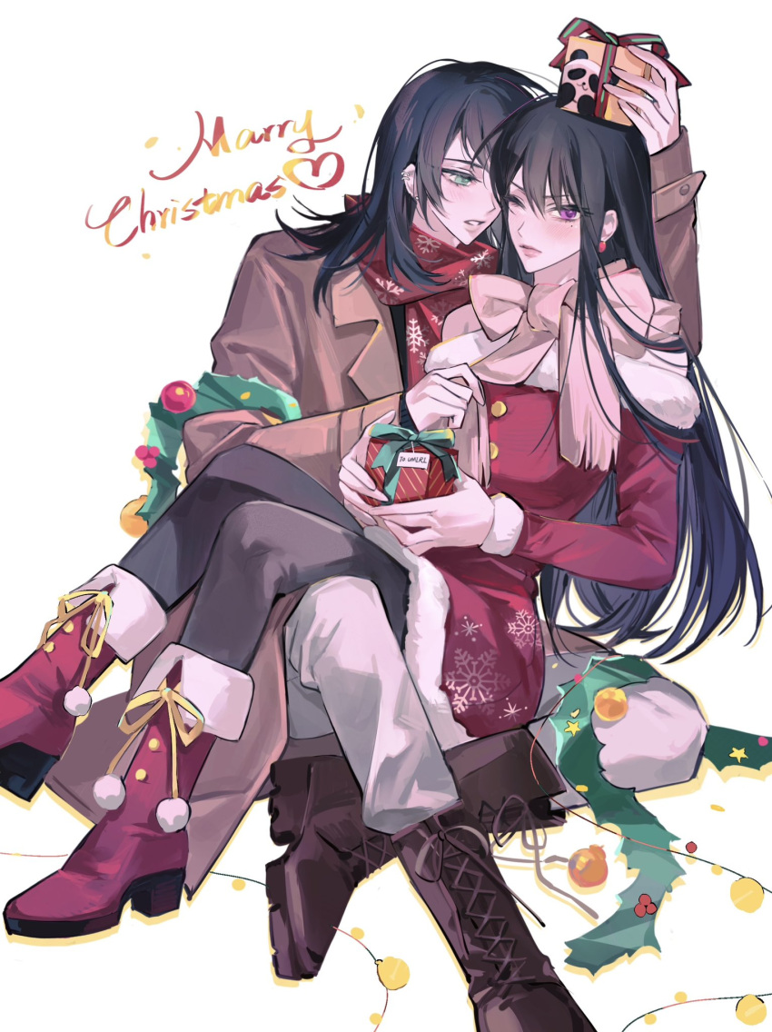 2girls bang_dream! bang_dream!_it's_mygo!!!!! black_hair black_pantyhose blush boots bow brown_footwear brown_jacket character_name closed_mouth commentary ear_piercing earrings fur-trimmed_jacket fur_trim gift green_eyes grey_bow grey_pants hashtag_only_commentary highres jacket jewelry long_hair long_sleeves m_omoo merry_christmas mole mole_under_eye multiple_girls off_shoulder one_eye_closed pants pantyhose parted_lips piercing red_footwear red_jacket red_scarf scarf shiina_taki sidelocks simple_background sitting sitting_on_lap sitting_on_person violet_eyes white_background yahata_umiri yuri