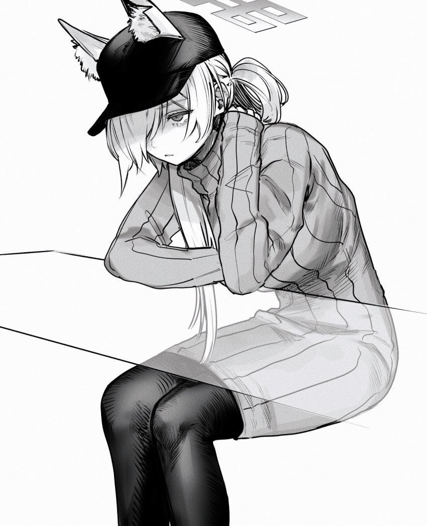1girl animal_ears arm_support bags_under_eyes baseball_cap blue_archive breasts closed_mouth dog_ears dress ears_through_headwear extra_ears hair_over_one_eye halo hand_on_own_neck hat highres invisible_table kanna_(blue_archive) long_hair long_sleeves pantyhose single_hair_ring sitting sleeves_past_wrists solo striped_clothes striped_dress tsuno_(tnngur) turtleneck_dress vertical-striped_clothes vertical-striped_dress