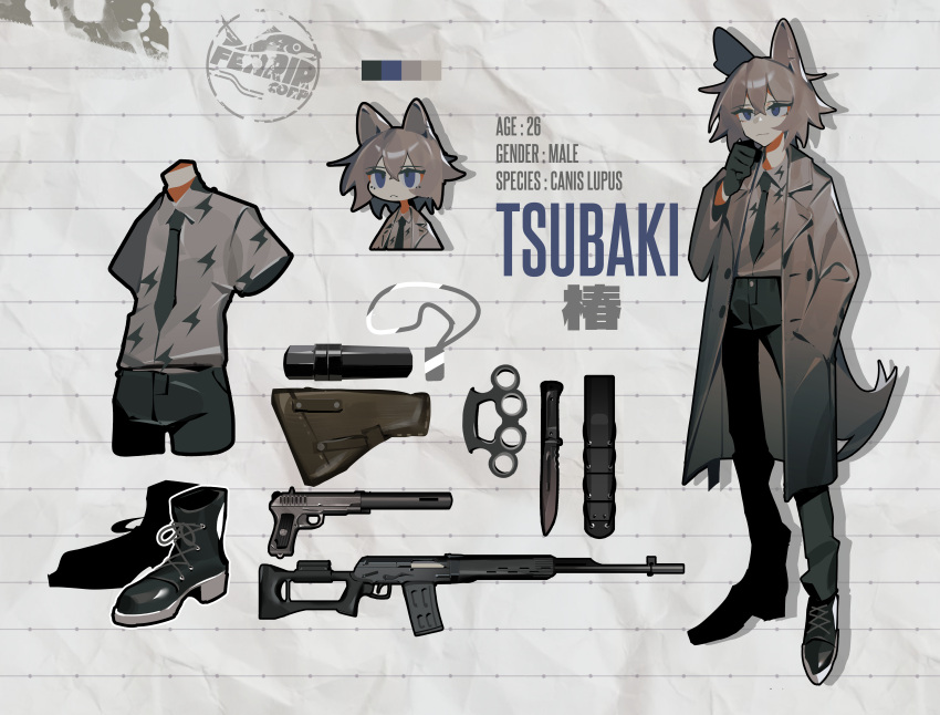 absurdres animal_ears blue_eyes character_name coat combat_knife dog_tags english_text full_body ghost_(tama) gloves grey_coat grey_hair grey_necktie gun handgun highres knife necktie original pants short_hair tail weapon weapon_request wolf_ears wolf_girl wolf_tail