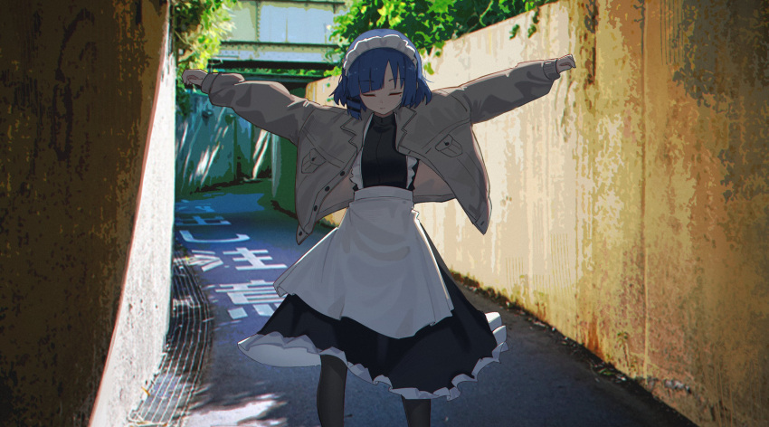 1girl alternate_costume black_thighhighs blue_hair bocchi_the_rock! brown_coat closed_eyes closed_mouth coat day enmaided hair_ornament hairclip highres jl_tan long_sleeves maid maid_headdress outdoors short_hair solo thigh-highs yamada_ryo