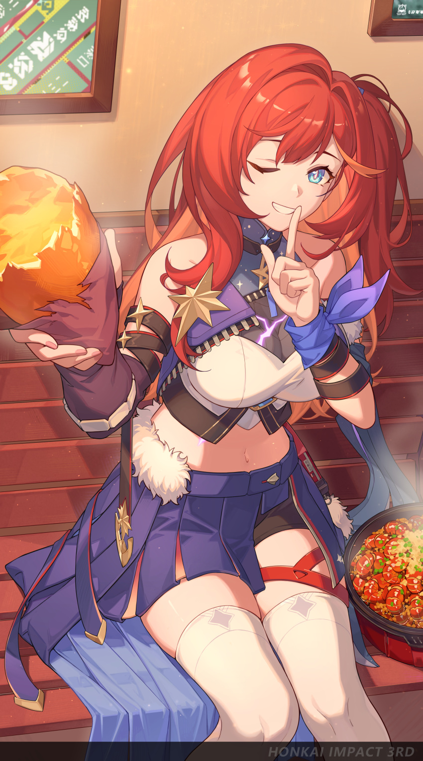 1girl absurdres bare_shoulders bench black_shorts blue_eyes blue_skirt breasts chinese_commentary clenched_teeth commentary_request copyright_name crop_top finger_to_mouth food fur_trim hands_up highres holding holding_food honkai_(series) honkai_impact_3rd large_breasts long_hair looking_at_viewer midriff navel official_art one_eye_closed redhead senadina_(honkai_impact) short_shorts shorts sitting skirt smile solo sweet_potato teeth thigh-highs variant_set white_thighhighs