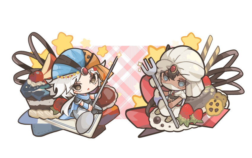 2boys armor bandana blue_eyes brown_eyes brown_hair cake cake_slice cape chibi chibi_only chocolate cookie final_fantasy final_fantasy_ii firion food forehead_jewel fork fruit grey_hair highres holding holding_fork holding_spoon jewelry long_hair male_focus minwu multiple_boys open_mouth ponytail simple_background spoon star_(symbol) strawberry turban white_hair zhale44119