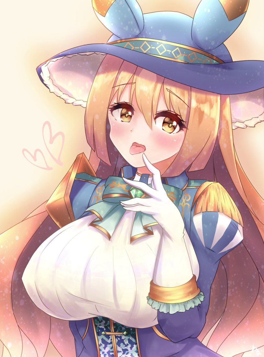 1girl akiyama_neo animal_ears blush breasts brown_eyes brown_hair commentary_request gloves hair_between_eyes hair_ornament hat heavy_breathing highres horse_ears horse_girl large_breasts looking_at_viewer ribbon satono_diamond_(umamusume) simple_background solo tongue tongue_out umamusume