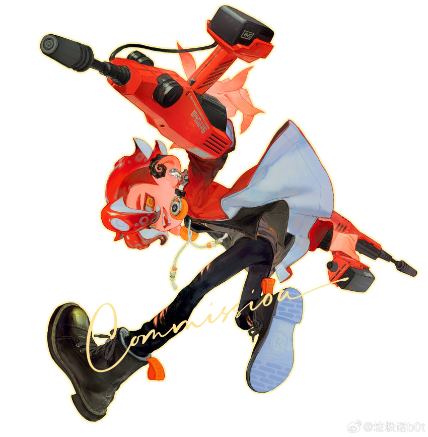 1boy absurdres black_footwear black_pants black_vest boots commission creamyghost dual_wielding dualie_squelcher_(splatoon) fangs headphones headphones_around_neck highres holding holding_weapon jacket long_sleeves looking_at_viewer looking_back male_focus octoling octoling_boy open_mouth outline pants red_jacket redhead shoe_soles simple_background solo splatoon_(series) teeth tentacle_hair vest watermark weapon weibo_logo weibo_username white_background yellow_eyes yellow_outline