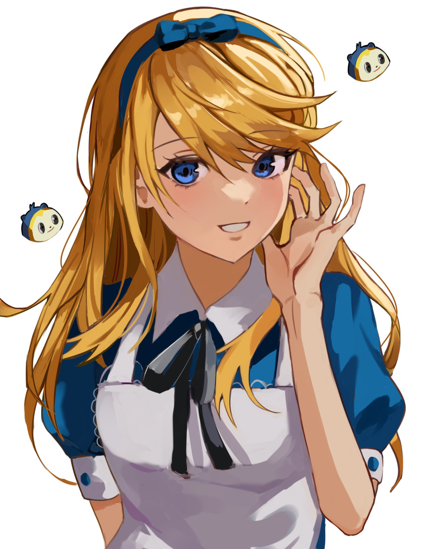 1boy alice_(alice_in_wonderland) alice_(alice_in_wonderland)_(cosplay) alice_in_wonderland apron arm_at_side black_ribbon blonde_hair blue_eyes blue_hairband bow_hairband collared_dress cosplay crossdressing dress frilled_apron frills grin hairband hand_on_own_cheek hand_on_own_face hand_up highres joowon_(jju_oon) kuma_(persona_4) long_hair looking_at_viewer male_focus neck_ribbon otoko_no_ko persona persona_4 puffy_short_sleeves puffy_sleeves ribbon short_sleeves simple_background smile solo upper_body white_apron white_background