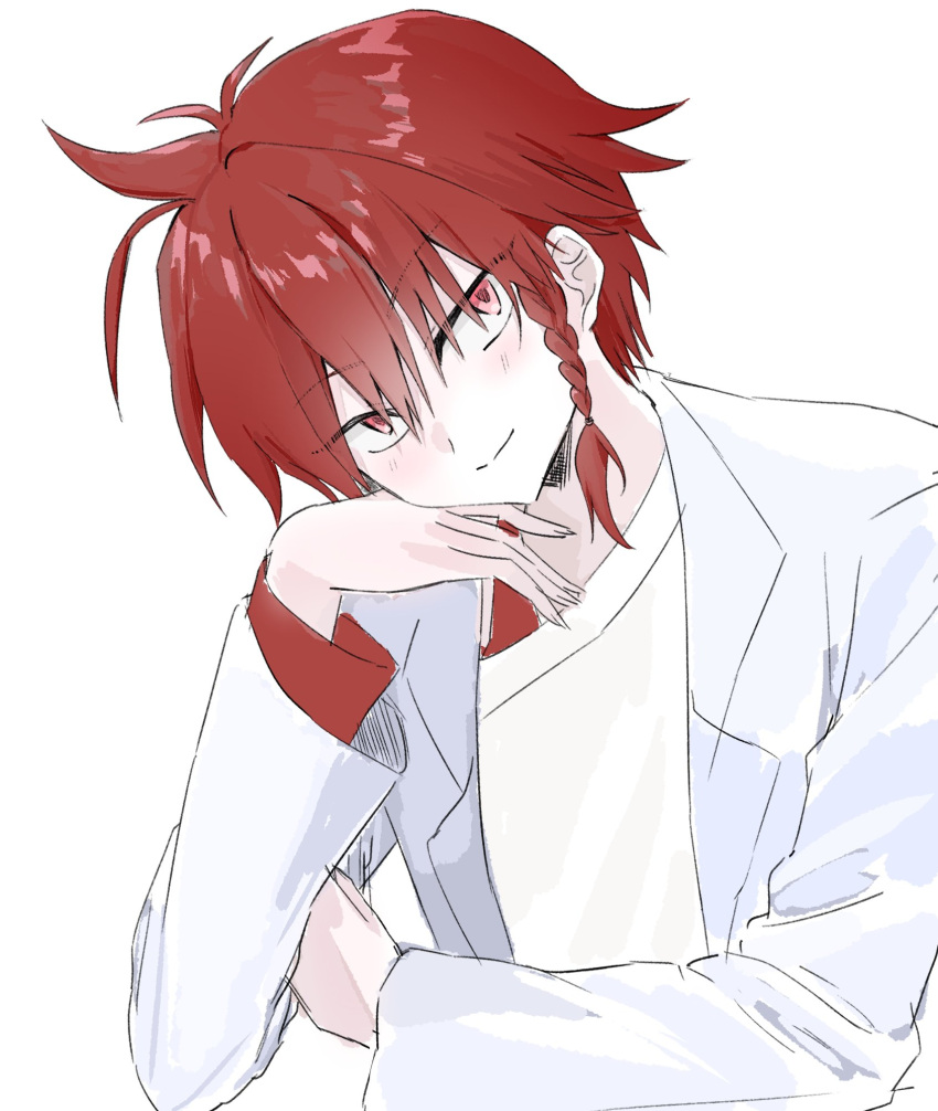 1boy blush braid closed_mouth grey_background haep0912 highres lab_coat long_sleeves looking_at_viewer maeno_aki male_focus off-shoulder_shirt off_shoulder red_eyes red_tank_top redhead shirt short_hair short_hair_with_long_locks simple_background sketch smile solo tank_top white_shirt zeno_(game)