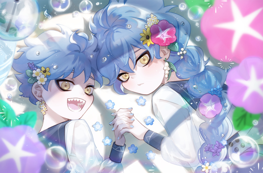 2boys :d aged_down alternate_costume blue_eyeshadow blue_flower blue_hair blue_nails blue_pants braid brothers bubble chaonkun0303 child closed_mouth earrings eyeshadow flower flower_earrings hair_flower hair_ornament high-waist_pants holding_hands idia_shroud jewelry lavender_(flower) leaf lily_of_the_valley long_hair long_sleeves looking_at_viewer looking_up lying makeup male_focus morning_glory multiple_boys on_stomach open_mouth ortho_shroud pants pink_flower purple_flower sailor_collar sharp_teeth shirt short_hair siblings single_braid smile teeth twisted_wonderland upper_body white_flower white_shirt yellow_eyes yellow_flower