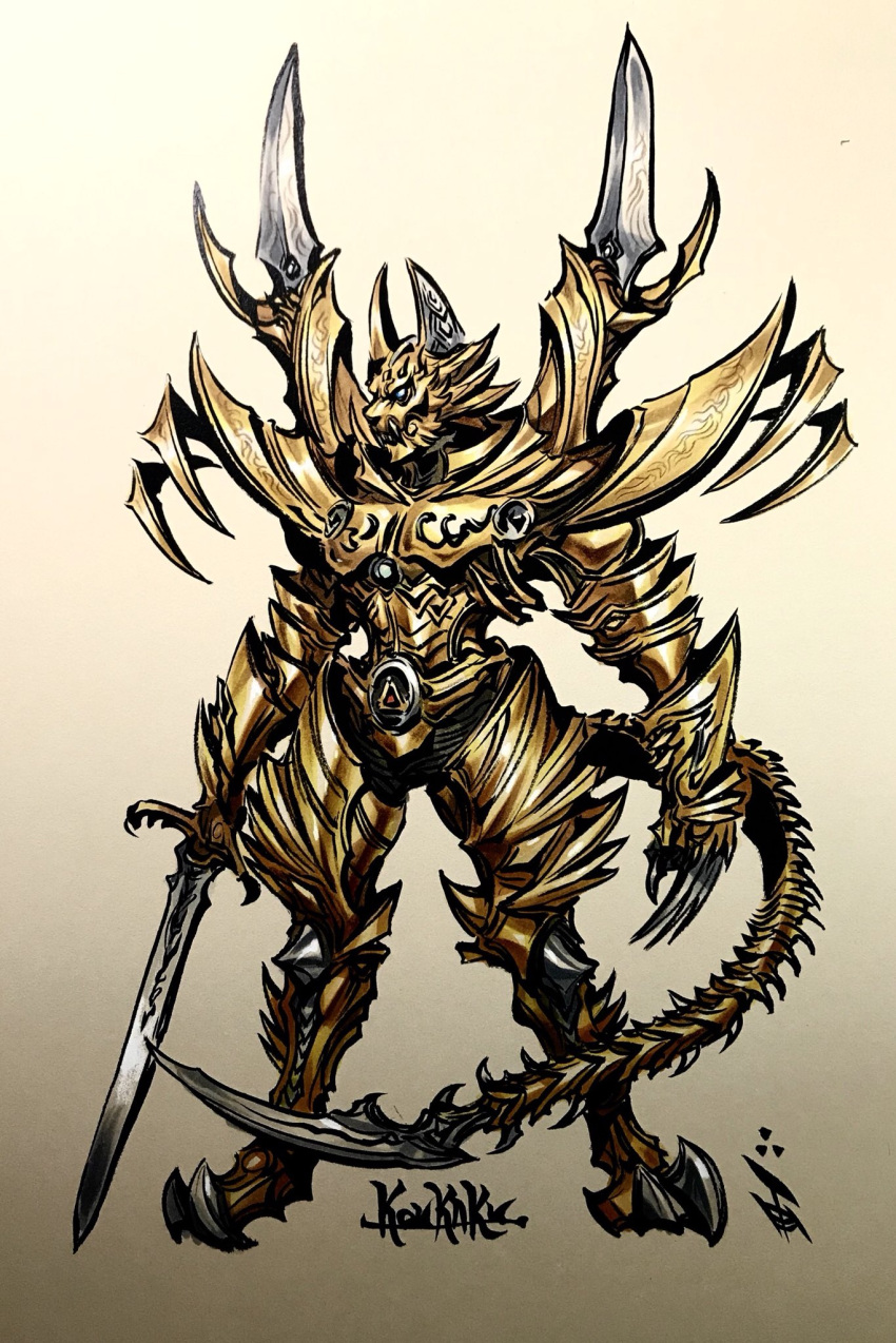 1boy armor character_request claw_(weapon) clawed_boots concept_art full_armor garo garo_(series) garo_the_flower_of_hell_(series) gold_armor helmet highres holding holding_sword holding_weapon keita_amemiya keita_amemiya_(keitaamemiya01) luminous_beast_garo official_art solo sword tail tokusatsu weapon