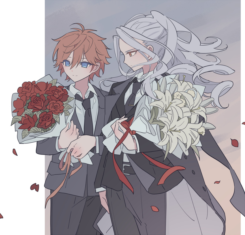 2boys akehoshi_subaru black_jacket black_necktie black_pants black_suit blue_eyes bouquet closed_mouth collared_shirt ensemble_stars! flower formal grey_background grey_hair hair_between_eyes highres holding holding_bouquet jacket light_smile long_hair long_sleeves looking_at_another looking_to_the_side male_focus meremero multiple_boys necktie orange_hair pants petals ponytail profile ran_nagisa red_eyes red_flower red_rose rose rose_petals shirt short_hair smile standing suit suit_jacket white_lily white_shirt