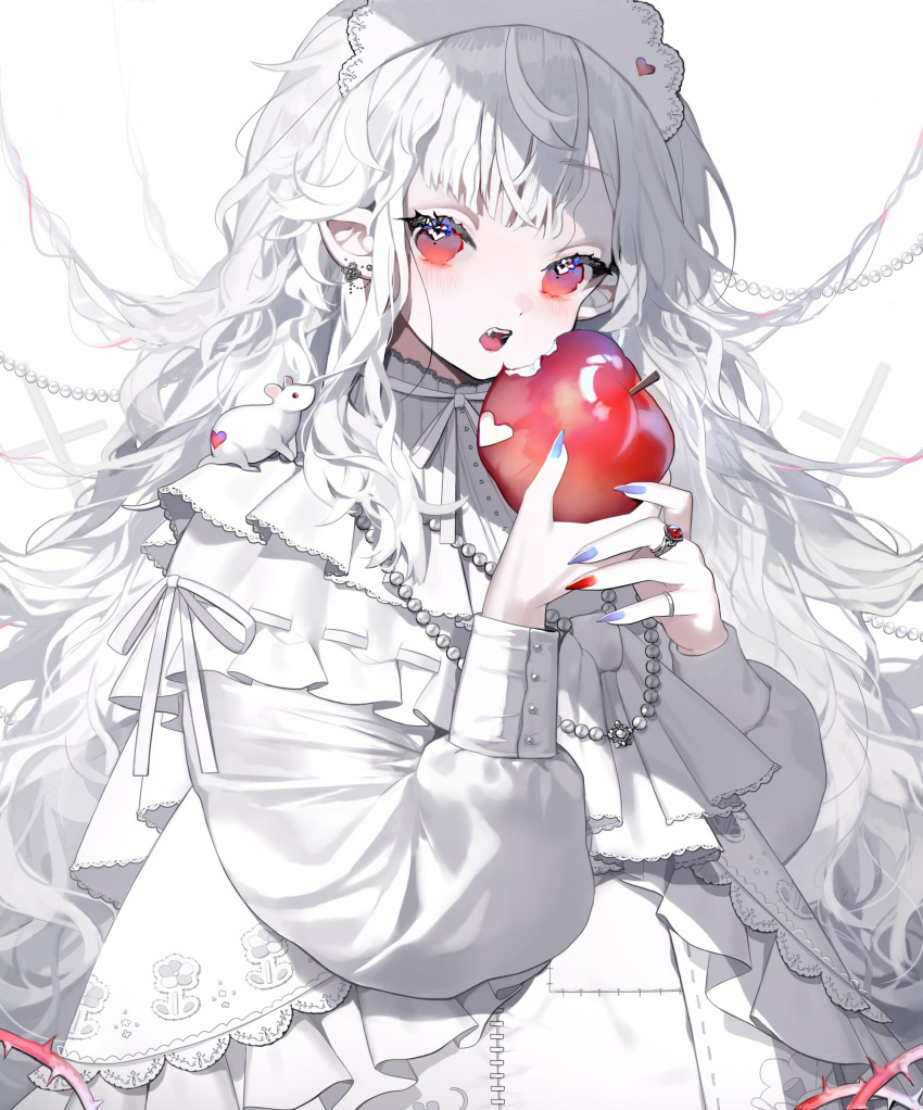 absurdres apple blue_nails fangs food fruit hair_ornament highres holding holding_food holding_fruit jewelry karohroka multicolored_nails original red_eyes red_nails shirt white_background white_hair white_shirt