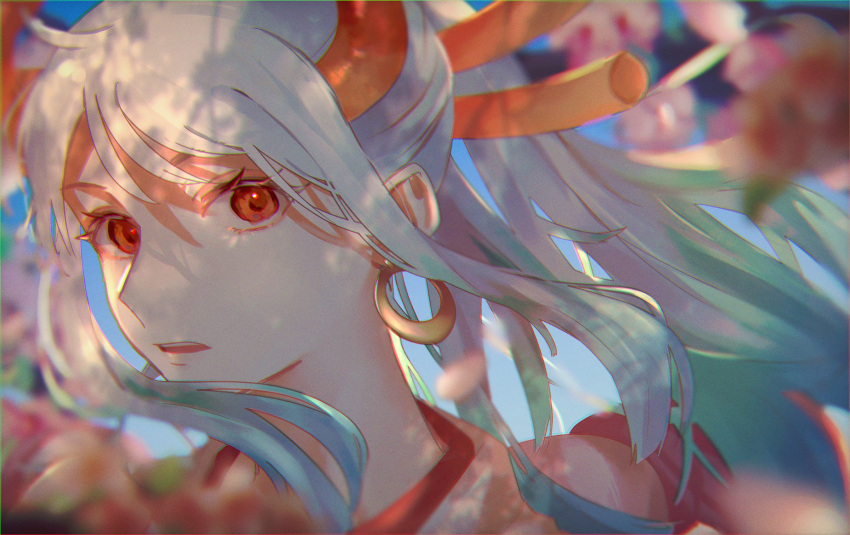 1girl blue_hair cherry_blossoms close-up commentary earrings floating_hair green_hair hair_between_eyes hair_ornament highres horns japanese_clothes jewelry kimono looking_at_viewer machida_0906 multicolored_hair one_piece orange_eyes petals ponytail red_horns sidelocks sky solo white_hair white_kimono yamato_(one_piece)