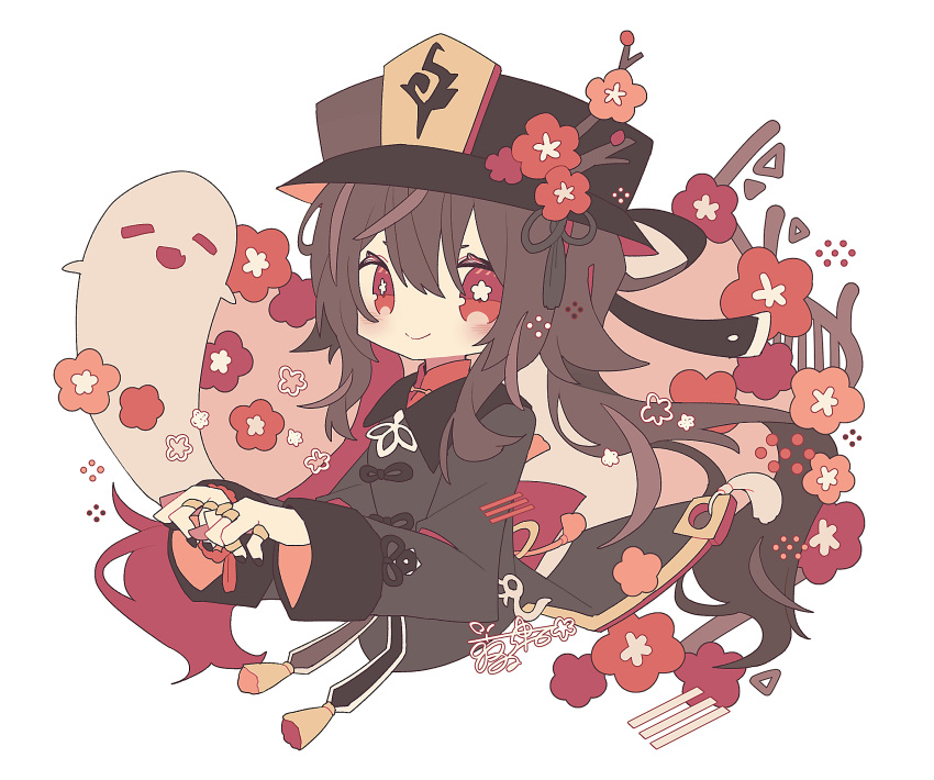 1girl black_headwear black_nails black_ribbon blush boo_tao_(genshin_impact) bracelet brown_coat brown_hair closed_mouth coat coattails commentary_request cropped_torso fingernails floating_hair flower flower-shaped_pupils genshin_impact ghost ghost_pose hair_between_eyes hands_up hat hat_flower hat_ribbon highres hu_tao_(genshin_impact) jewelry long_hair long_sleeves looking_at_viewer multiple_rings nail_polish plum_blossoms porkpie_hat red_eyes red_flower red_shirt ribbon ring rororoyu shirt sidelocks signature simple_background sleeve_cuffs smile solo symbol-shaped_pupils tassel twintails upper_body very_long_hair white_background