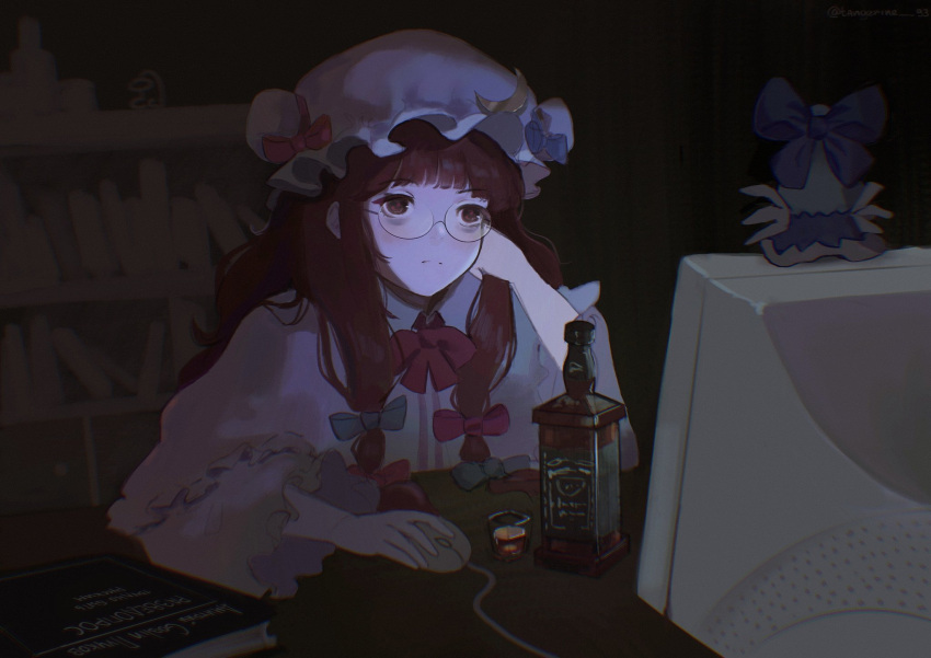 1girl alcohol blue_bow book bottle bow bowtie cirno collared_shirt crescent crescent_hat_ornament crewmate_(among_us) dark fumo_(doll) glasses hat hat_ornament highres indoors long_hair long_sleeves mob_cap monitor mouse_(computer) patchouli_knowledge pink_bow pink_bowtie purple_hair russian_text shirt table tangerine_93 touhou translation_request violet_eyes