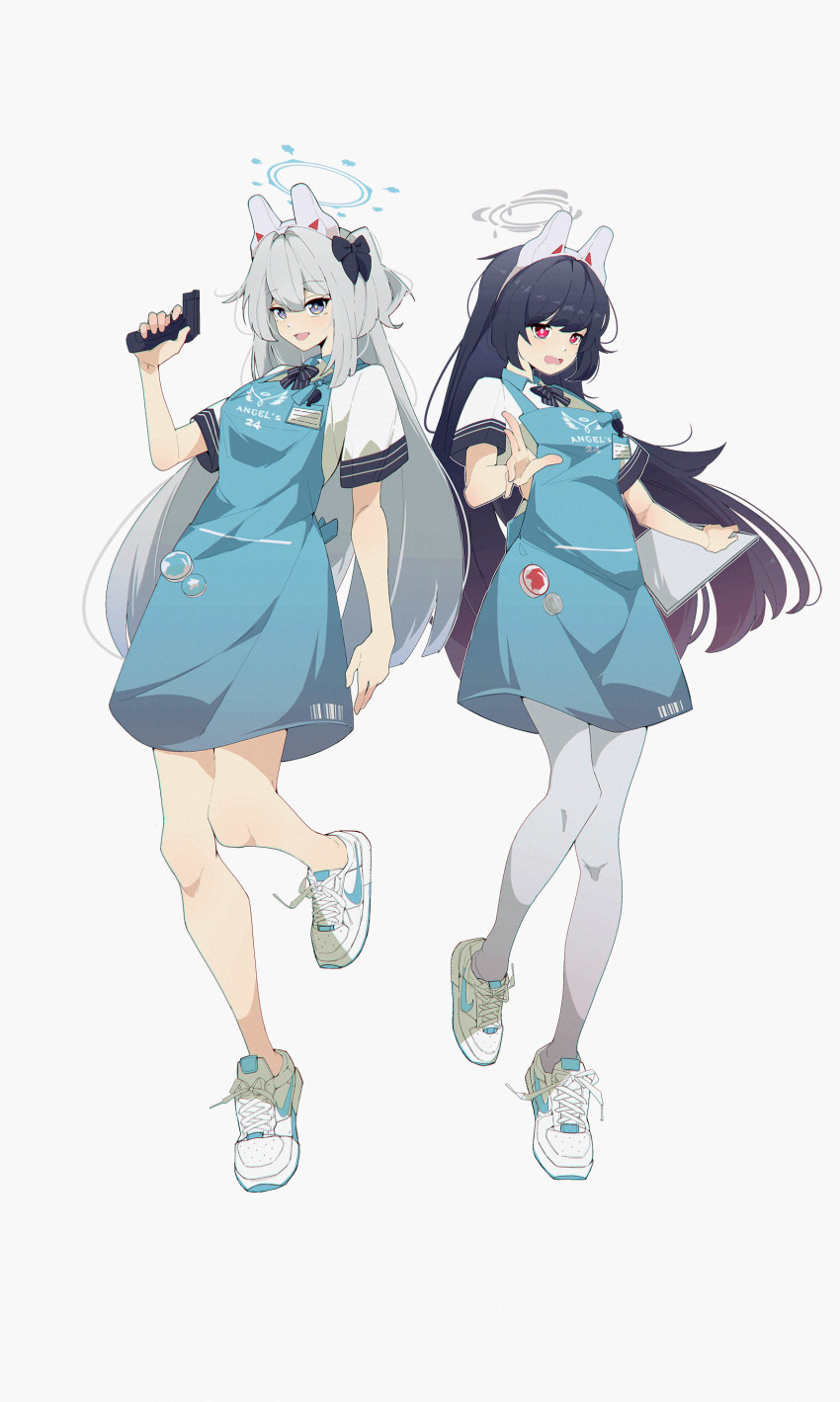 2girls absurdres angel's_24_uniform_(blue_archive) animal_ears apron barcode_scanner black_bow black_hair blue_apron blue_archive blue_halo bow collared_shirt english_commentary fake_animal_ears full_body hair_between_eyes hair_bow halo highres holding holding_scanner holding_tray id_card long_hair miyako_(blue_archive) miyu_(blue_archive) multiple_girls nike open_mouth pantyhose postalworks rabbit_ears red_eyes shirt shoes short_sleeves simple_background sneakers tray very_long_hair violet_eyes white_background white_footwear white_hair white_halo white_pantyhose white_shirt