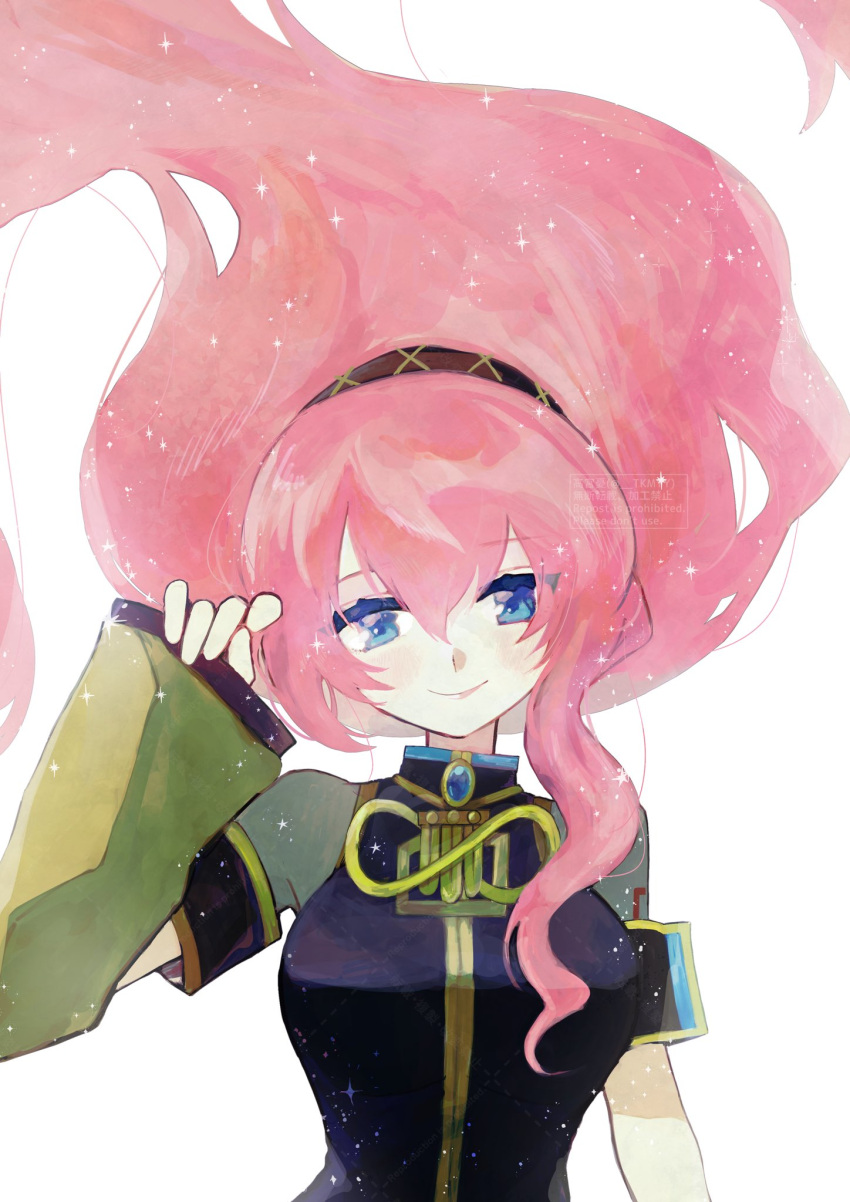 1girl asymmetrical_sleeves blue_eyes brooch commentary_request detached_sleeves floating_hair hairband hand_up highres jewelry long_hair long_sleeves looking_at_viewer megurine_luka pink_hair smile solo sparkle takamiya_yuu upper_body very_long_hair vocaloid