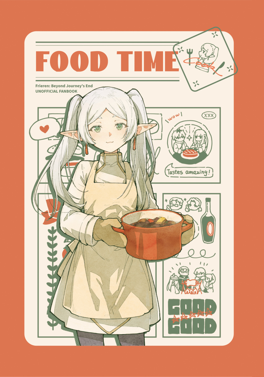 1girl :3 absurdres apron comiket_103 cooking_pot cowboy_shot dress earrings elf english_text frieren green_eyes heart highres holding_cooking_pot jewelry long_hair oven_mitts pointy_ears rudrawong solo sousou_no_frieren spoken_heart twintails white_dress white_hair