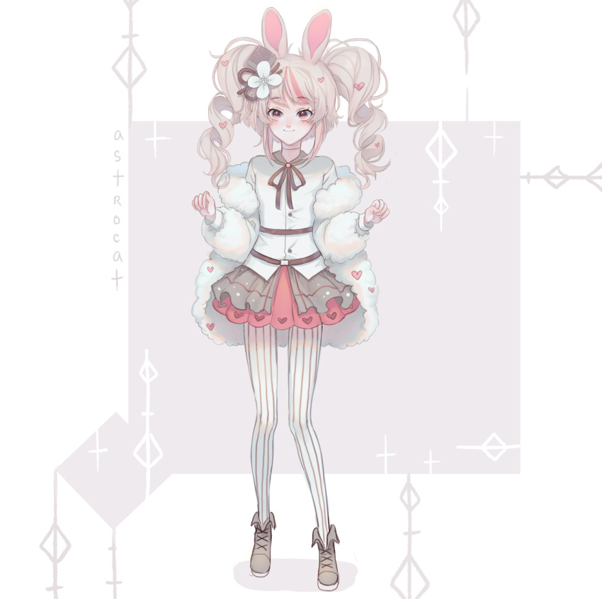 1girl animal_ears astrocatsama belt belt_buckle blonde_hair boots bow bowtie brown_belt brown_bow brown_bowtie brown_ribbon buckle buttons clenched_hands closed_mouth collar collared_shirt commentary cross-laced_footwear diamond_(shape) drill_hair english_commentary eyelashes flower full_body fur-trimmed_jacket fur_trim grey_background grey_collar grey_footwear grey_skirt hair_flower hair_ornament hair_ribbon heart heart_hair_ornament heart_print highres jacket jacket_partially_removed layered_skirt layered_sleeves light_blush long_hair long_sleeves looking_at_viewer miniskirt multicolored_hair original pantyhose pink_eyes pink_hair pink_skirt rabbit_ears ribbon shadow shirt simple_background skirt smile solo sparkle streaked_hair striped_clothes striped_pantyhose twin_drills twintails two-tone_background vertical-striped_clothes vertical-striped_pantyhose white_background white_flower white_jacket white_pantyhose white_shirt white_sleeves