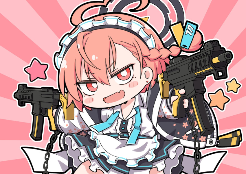 1girl apron belt black_belt black_halo black_skirt blue_archive braid bright_pupils center_frills chain chibi collared_shirt dual_wielding earrings fang floral_print frilled_apron frills gun hair_between_eyes halo highres holding holding_gun holding_weapon jewelry long_sleeves looking_at_viewer maid_headdress medium_hair nejikirio neru_(blue_archive) no_nose open_clothes open_mouth outstretched_arms pink_background puffy_long_sleeves puffy_sleeves shirt single_braid skin_fang skirt solo star_(symbol) stud_earrings v-shaped_eyebrows waist_apron weapon white_apron white_pupils white_shirt