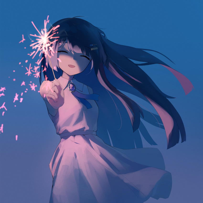 1girl absurdres arm_behind_back asymmetrical_sidelocks bare_shoulders belt blue_background blue_ribbon brooch cevio closed_eyes collared_dress commentary_request cowboy_shot dress facing_viewer fireworks floating_hair futaba_minato hair_ornament hairclip highres holding_fireworks jewelry long_hair neck_ribbon open_mouth outstretched_arm ribbon sleeveless sleeveless_dress smile solo sparkler sparks standing white_dress xdp_(dx19291005)