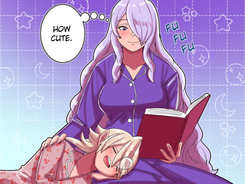 1boy 1girl blush breasts camilla_(fire_emblem) corrin_(fire_emblem) corrin_(male)_(fire_emblem) crescent english_commentary fire_emblem grid_background hair_betwen_eye hair_over_one_eye lap_pillow large_breasts mnejing30 mullet nose_bubble pajamas parted_bangs siblings sidelocks sleeping sleeping_on_person smile sound_effects speech_bubble star_(symbol) two-tone_background violet_eyes white_hair