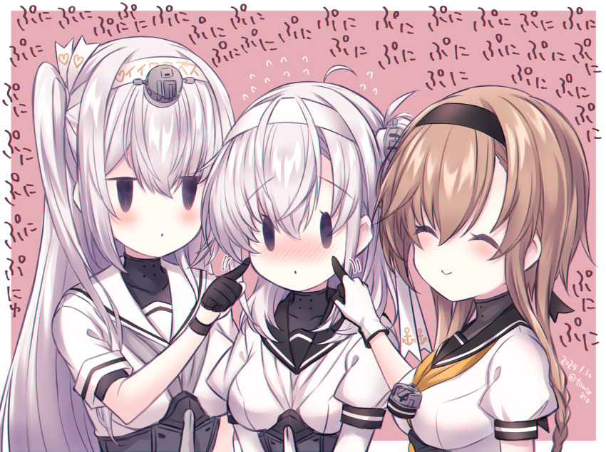 2girls black_hairband black_sailor_collar braid breasts cheek_poking closed_eyes commentary_request fuyutsuki_(kancolle) gloves hairband kabocha_torute kantai_collection light_brown_hair long_hair medium_breasts multicolored_clothes multicolored_gloves multiple_girls neckerchief one_side_up poking sailor_collar smile solid_oval_eyes suzutsuki_(kancolle) teruzuki_(kancolle) twin_braids white_hairband white_neckerchief white_sailor_collar yellow_neckerchief