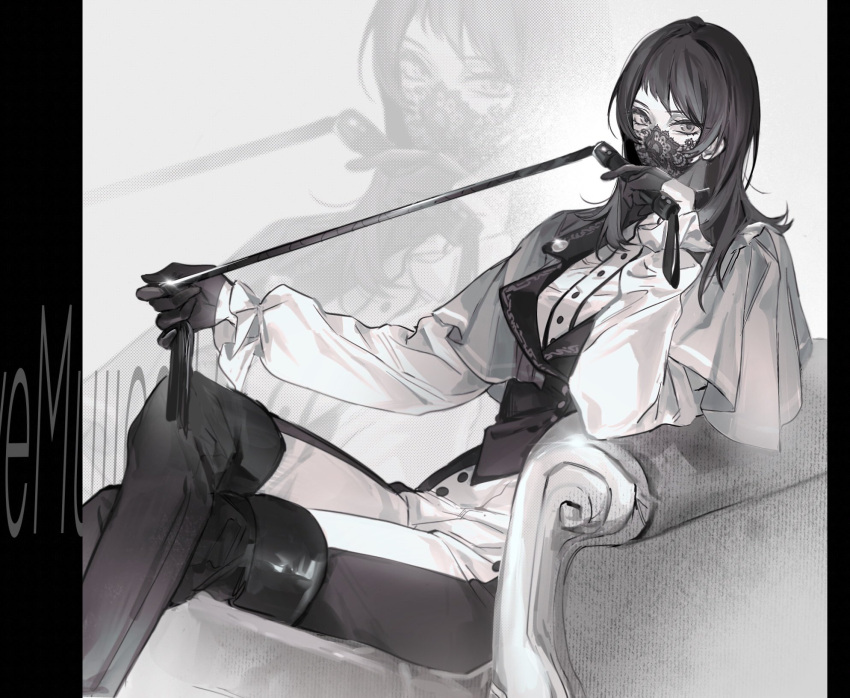 1girl bang_dream! bang_dream!_it's_mygo!!!!! boots crossed_legs dress_shirt gloves greyscale highres holding holding_whip lace long_hair long_sleeves looking_at_viewer m_omoo mask monochrome mouth_mask pants shirt sitting solo sparkle thigh_boots vest yahata_umiri zoom_layer