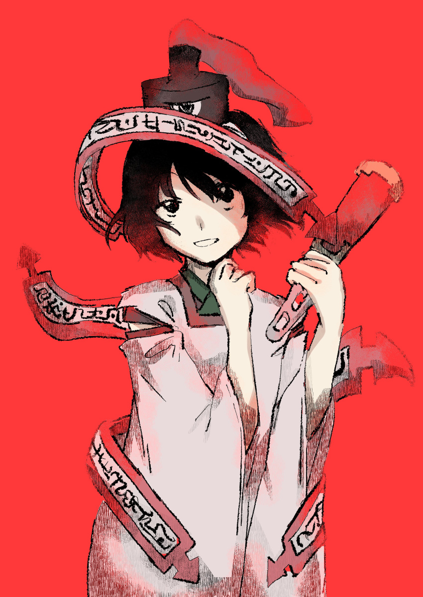 1other absurdres androgynous black_eyes black_hair black_headwear clenched_hand cowboy_shot detached_sleeves eye_of_senri galaxy_kanzume hairband hand_on_own_chin hat hat_ribbon highres holding_rod japanese_clothes jinbei_(clothes) kariginu len'en long_sleeves ofuda ofuda_on_clothes ofuda_on_head open_mouth other_focus red_background red_ribbon ribbon senri_tsurubami short_hair simple_background smile solo teeth white_hairband white_sleeves wide_sleeves