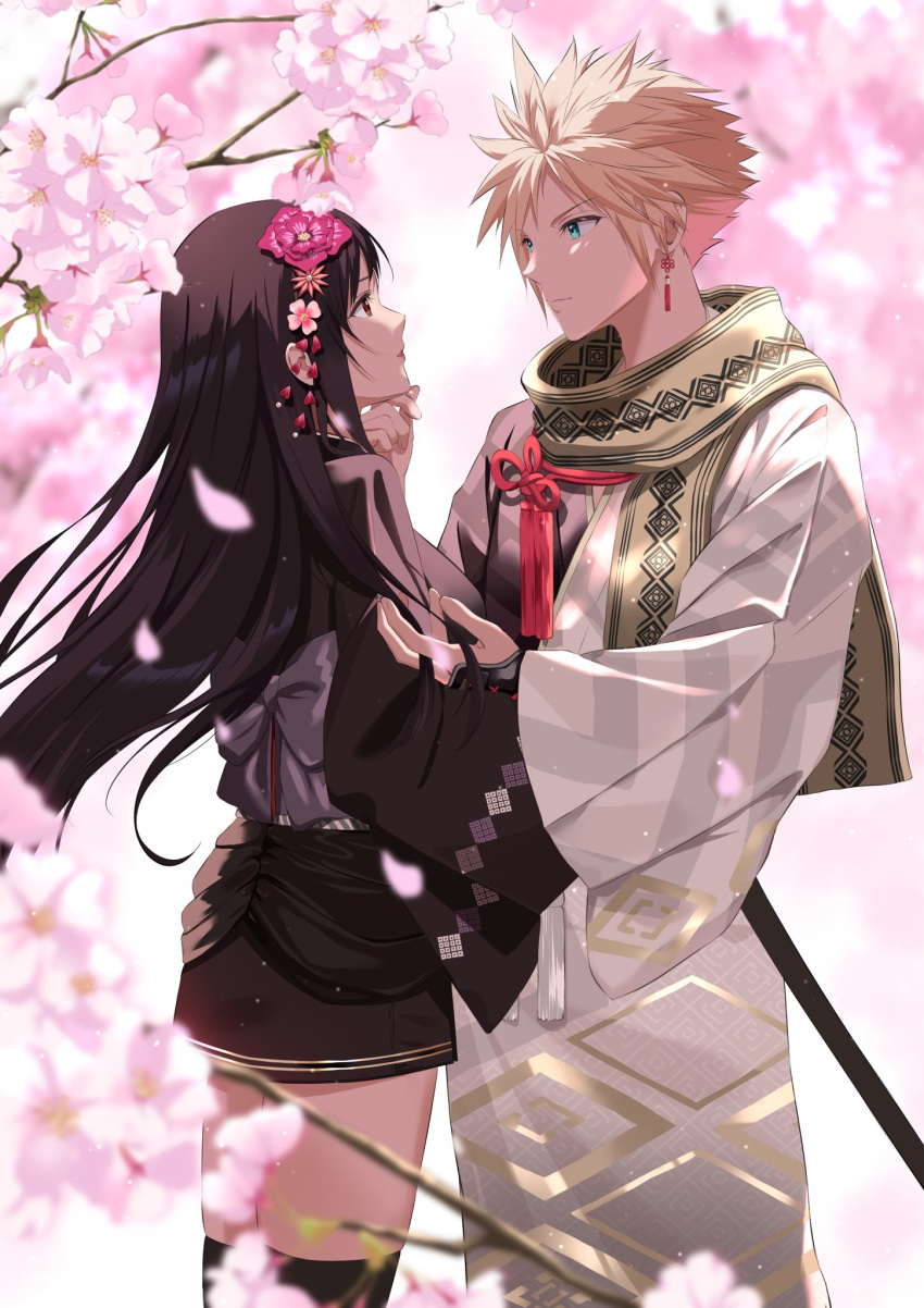 befirst_b black_hair black_kimono blonde_hair cherry_blossoms cloud_strife cloud_strife_(official_festive_garb) couple earrings final_fantasy final_fantasy_vii final_fantasy_vii_ever_crisis final_fantasy_vii_remake flower hair_flower hair_ornament hand_on_another's_chin highres japanese_clothes jewelry katana kimono official_alternate_costume petals scarf spiky_hair standing sword tassel tassel_earrings tifa_lockhart tifa_lockhart_(exotic_dress) two-tone_kimono weapon