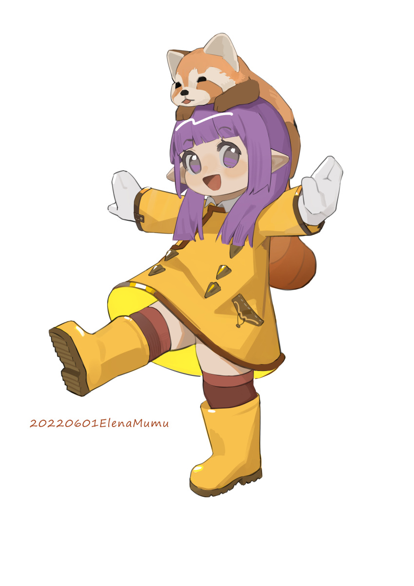 1girl absurdres animal_on_head balancing boots coat elena_zao final_fantasy final_fantasy_xiv flat_chest full_body gloves highres lalafell long_bangs medium_hair on_head pointy_ears purple_hair raincoat red_panda red_socks rubber_boots signature simple_background smile socks solo standing standing_on_one_leg violet_eyes walking warrior_of_light_(ff14) white_background white_gloves yellow_coat yellow_footwear