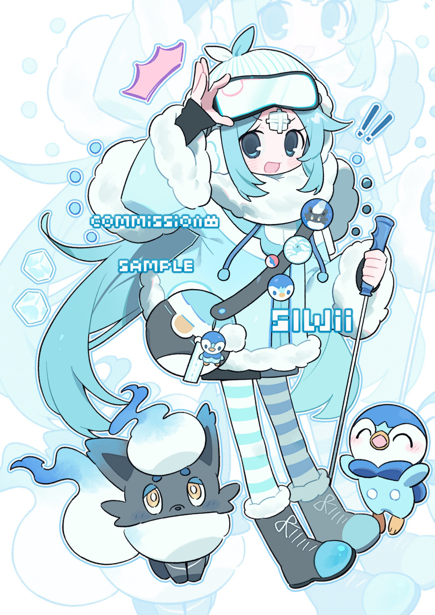1girl absurdres badge bag bandage beanie blue_eyes blue_hair boots coat copyright_request earmuffs fur_trim goggles hat highres hisuian_zorua ice ice_cube light_blush long_sleeves pantyhose piplup poke_ball pokemon_(creature) slwii2 smile striped_clothes striped_pantyhose winter_clothes zorua