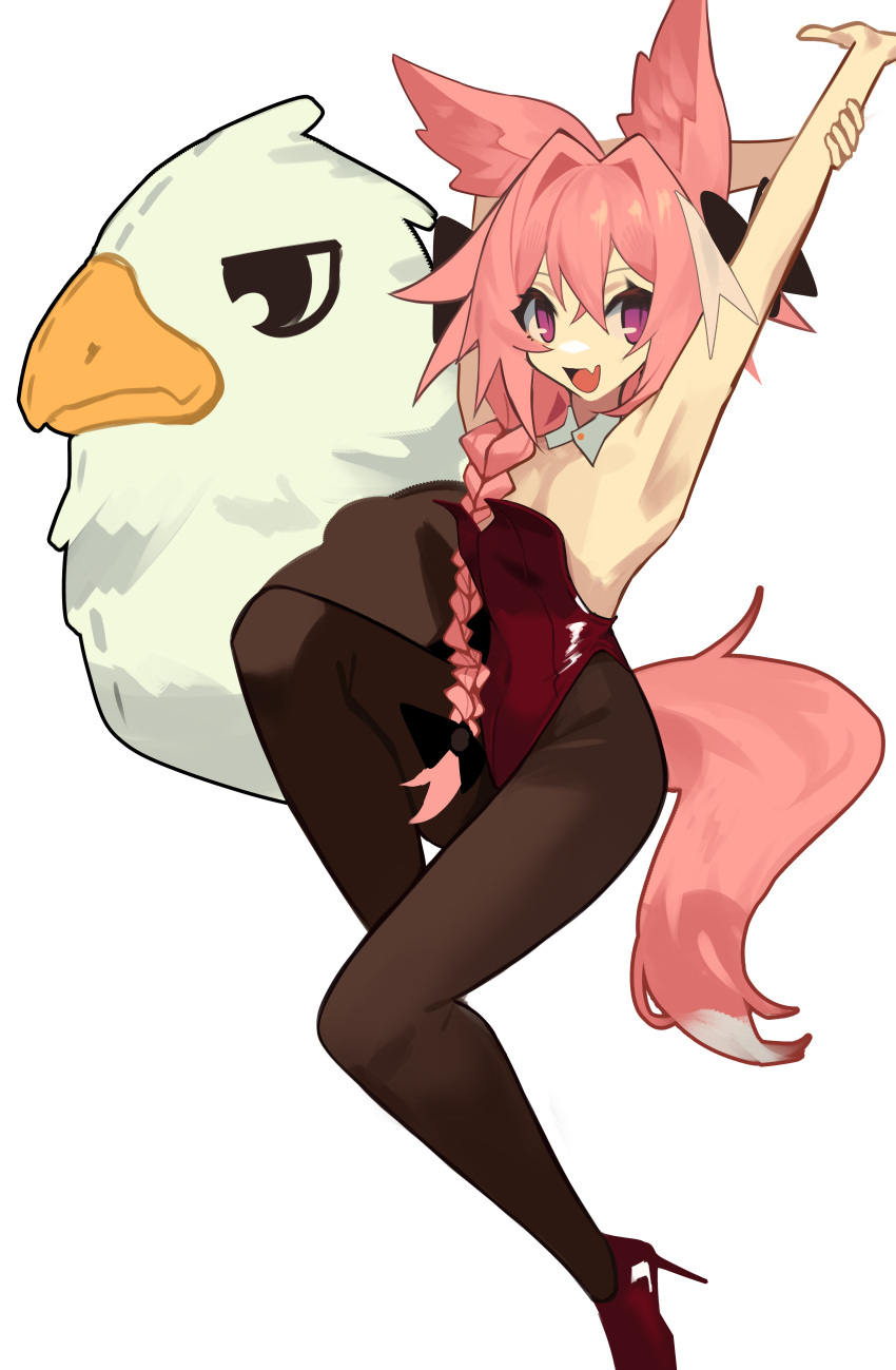 1boy absurdres animal_ears armpits astolfo_(fate) bird black_thighhighs braid fang fate_(series) fox_boy fox_ears fox_tail ghost_(tama) high_heels highres long_hair male_focus open_mouth otoko_no_ko pink_hair playboy_bunny simple_background single_braid skin_fang solo stretching tail thigh-highs violet_eyes white_background