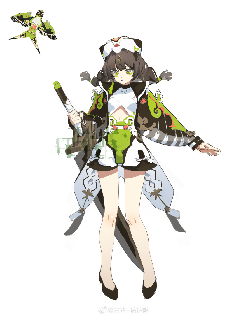 1girl absurdres aqua_gugu bare_legs bird black_footwear black_hair breasts cape chinese_commentary closed_mouth clothing_cutout dress flats floating full_body green_eyes hat highres holding holding_sword holding_weapon kite looking_at_viewer navel original reference_inset shorts simple_background small_breasts solo stomach_cutout sword tachi-e twintails watermark weapon weibo_logo weibo_username white_background