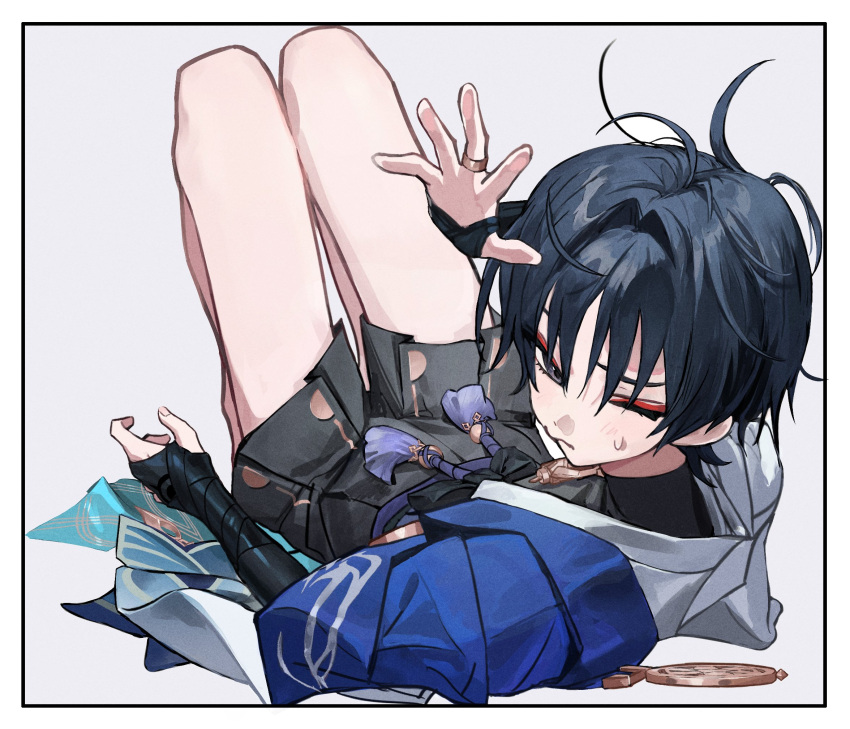 1boy bishounen black_hair eyeliner from_behind full_body genshin_impact highres japanese_clothes looking_at_viewer lying makeup male_focus messy_hair on_back one_eye_closed red_eyeliner scaramouche_(genshin_impact) short_hair shorts simple_background solo sweat thighs toria_(toriaa_27) wanderer_(genshin_impact) white_background