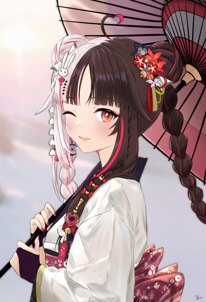 1girl ahoge bell blush braid bridal_gauntlets brown_hair double_bun eyeshadow flower from_side gloves grey_sky hair_bell hair_bun hair_flower hair_ornament heart heart_ahoge highres japanese_clothes kimono ku_(2025346) long_hair long_sleeves looking_at_viewer makeup multicolored_hair nijisanji obi official_alternate_costume official_alternate_hairstyle oil-paper_umbrella one_eye_closed parted_bangs parted_lips pink_eyeshadow pink_hair pink_nails purple_gloves rabbit_hair_ornament red_eyes sash sky smile solo split-color_hair streaked_hair twin_braids umbrella very_long_hair virtual_youtuber white_hair white_kimono wide_sleeves yorumi_rena yorumi_rena_(12th_costume)