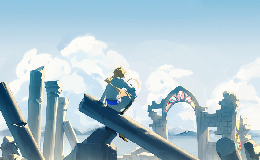 1other ahoge arch belt blonde_hair blue_belt brick brick_wall chinese_commentary clouds day facing_away highres lirisy long_hair long_sleeves low_ponytail mountainous_horizon original outdoors pants pillar rabbit red_footwear ruins shirt shoes sitting sky solo white_pants white_shirt