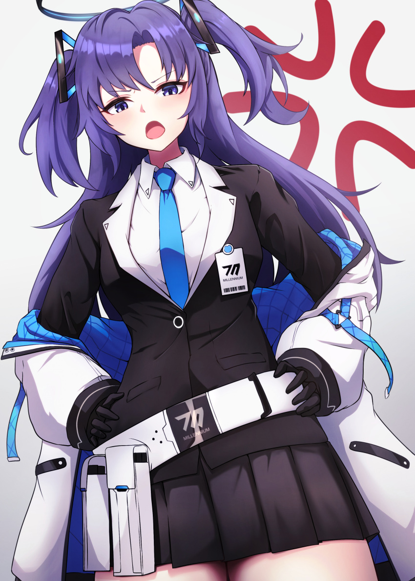 1girl absurdres anger_vein black_gloves black_skirt blue_archive blue_necktie blush breasts collared_shirt cowboy_shot gloves gradient_background halo highres jacket kaiju_ryoku long_hair long_sleeves looking_at_viewer mechanical_halo medium_breasts necktie open_mouth pleated_skirt purple_hair shirt skirt solo two-sided_fabric two-sided_jacket two_side_up white_jacket white_shirt yuuka_(blue_archive)